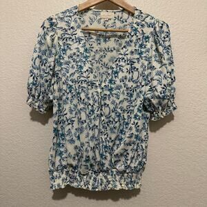 Melloday Cream and Blue Floral Blouse